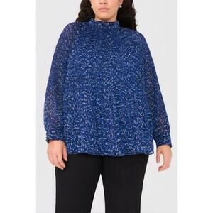 Halogen Release Pleat Mock Neck Women's Top, Blue, Plus Size 2X Business Casual